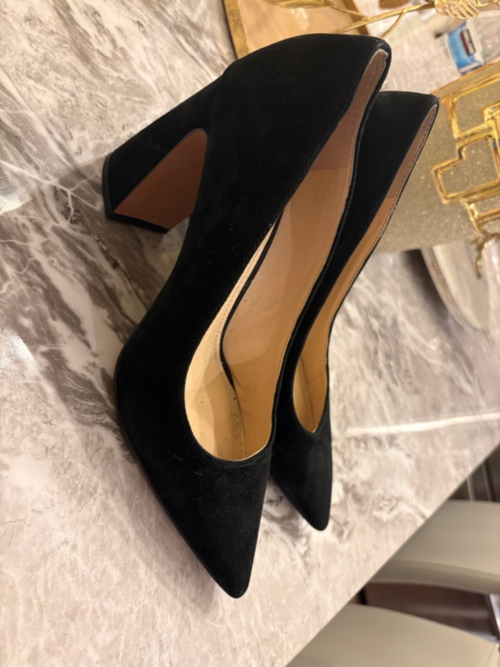 Vince Camuto Black Suede Pointed-Toe Block Heel Pumps